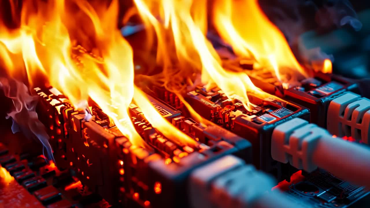 검은색 배경으로 불타는 이더넷 케이블 한 어리