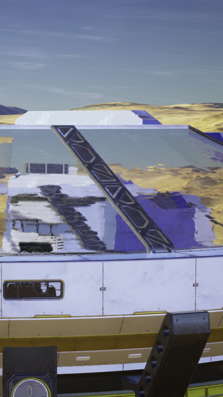 Space vehicle near alien landscape with distant mountains and clear sky