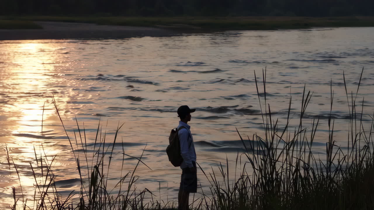 강가에서 해가 지는 것