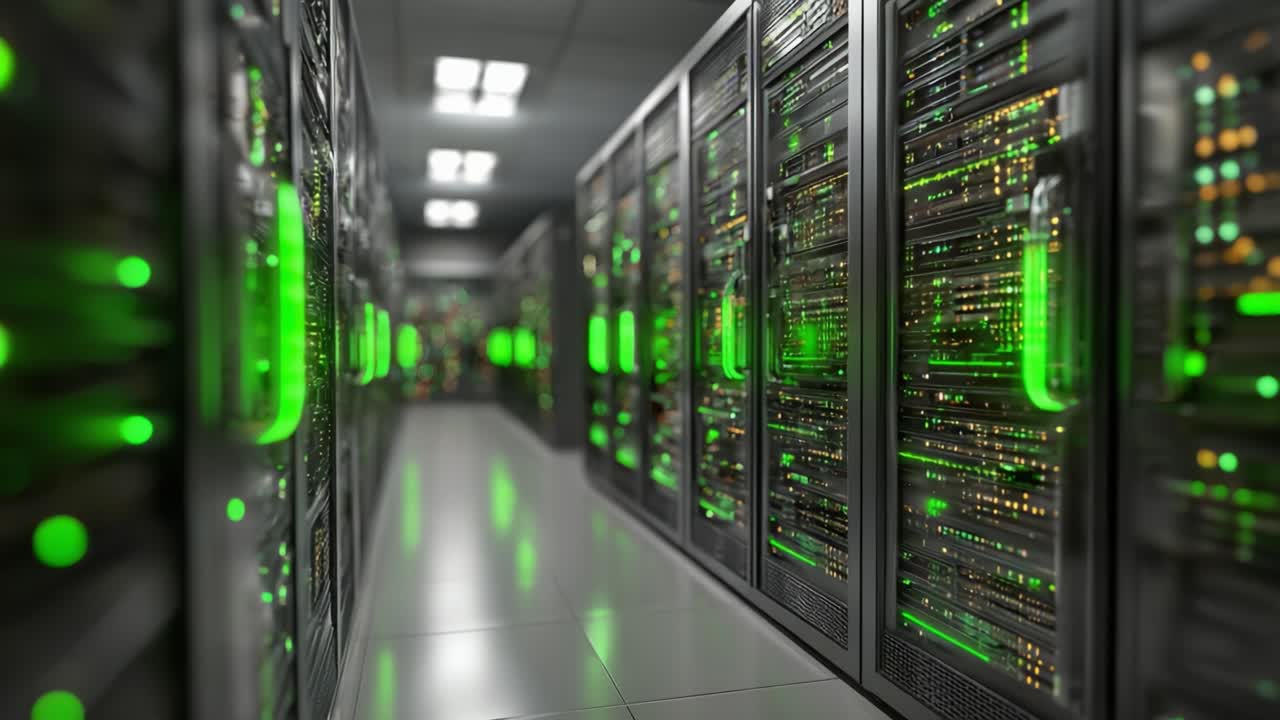 A Stunning View of a Modern Data Center with Rows of High-Tech Server Racks Glowing in Green Light, Illuminating the Efficient Design of Computer Infrastructure