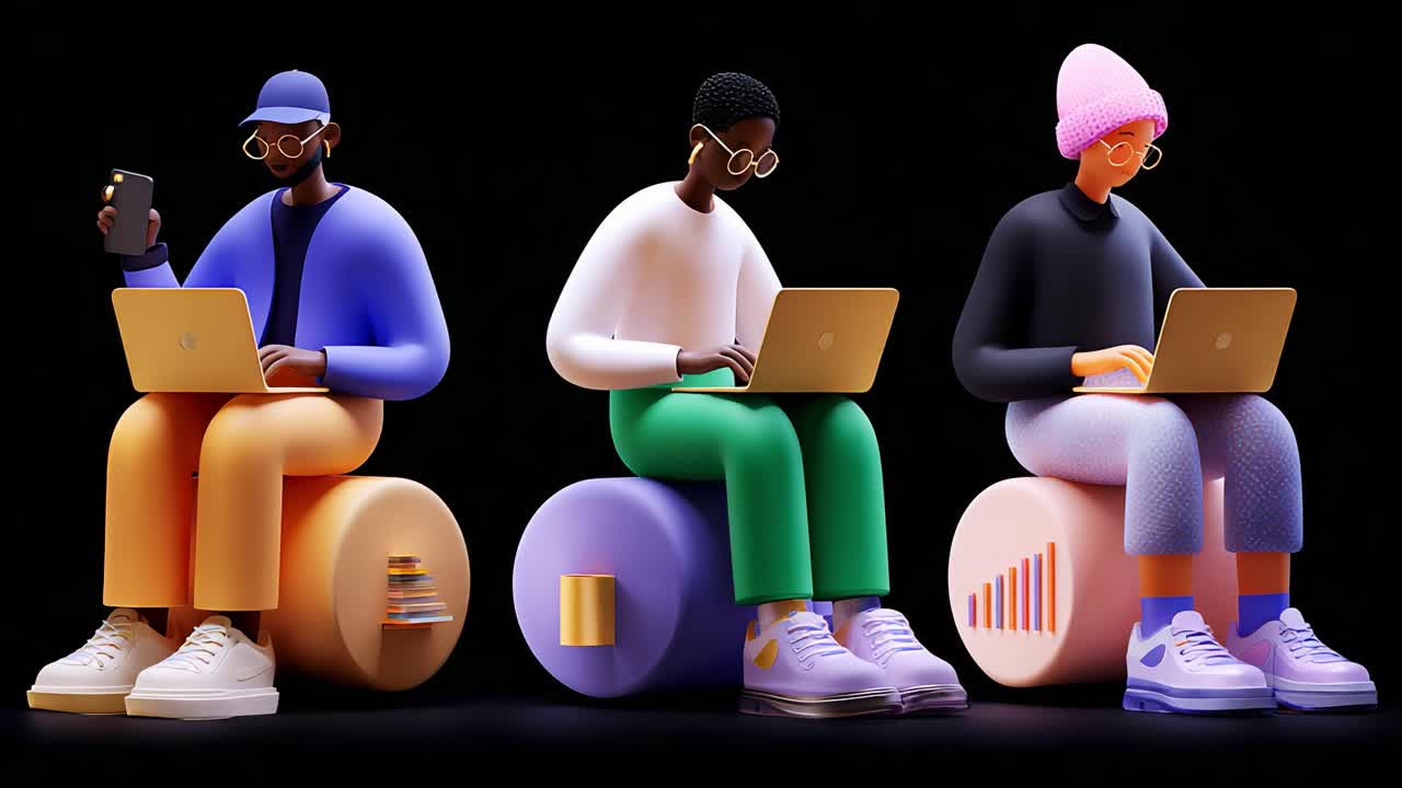 Three Stylized Characters Using Laptops, Engaged in Digital Tasks and Communication While Sitting on Colorful Cylindrical Seats, Surrounded by a Dark Background Highlighting Modern Technology