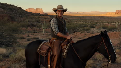 cowboy on horseback in a desert landscape