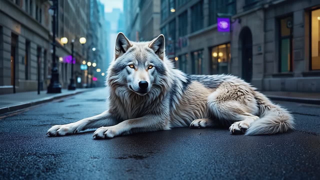 Wolf lying down on city street