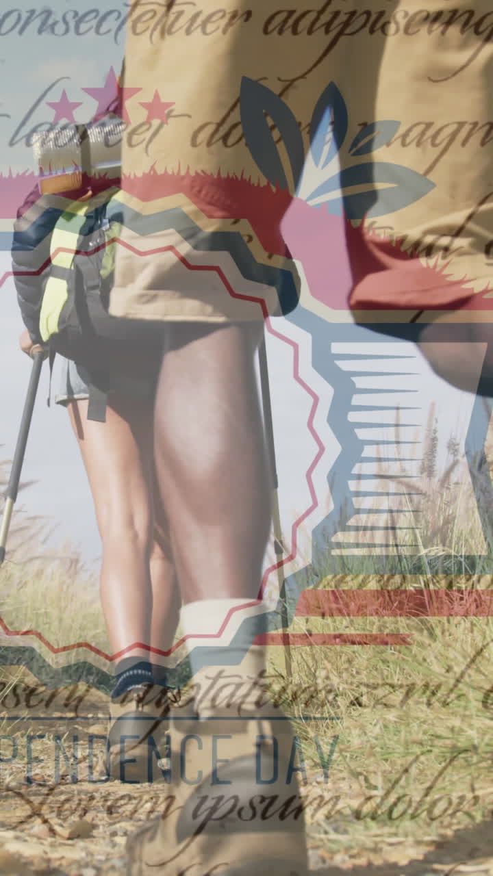 animación del texto del día de la independencia sobre una caminata de parejas diversas