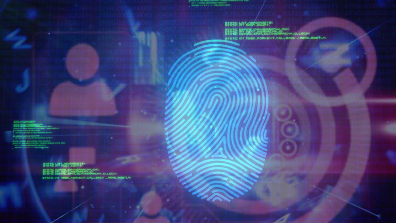 Animation of data processing over fingerprint icon on blue background