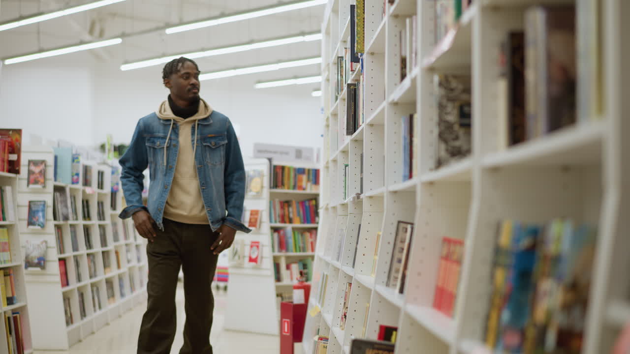 Young man exploring bookshelf in modern bookstore, walking down aisle between white shelves filled with various books. Stylish interior with warm lighting creates inviting atmosphere