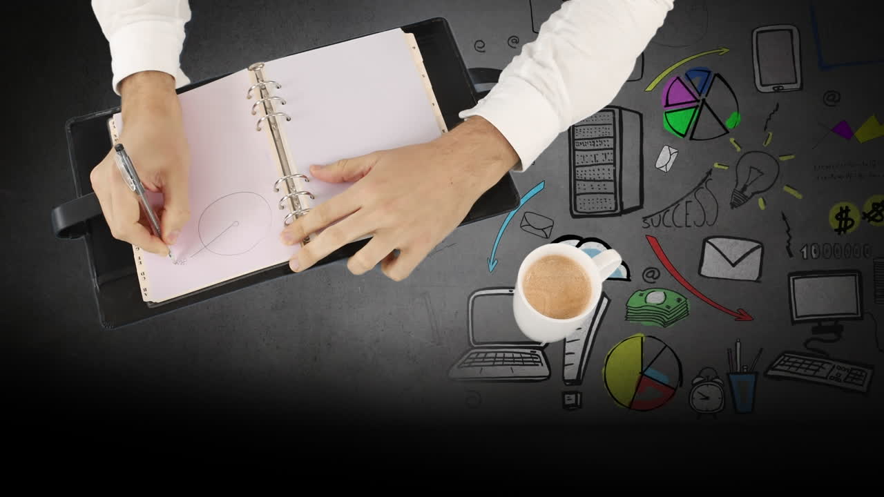 animación de un hombre de negocios caucásico tomando notas sobre iconos de negocios