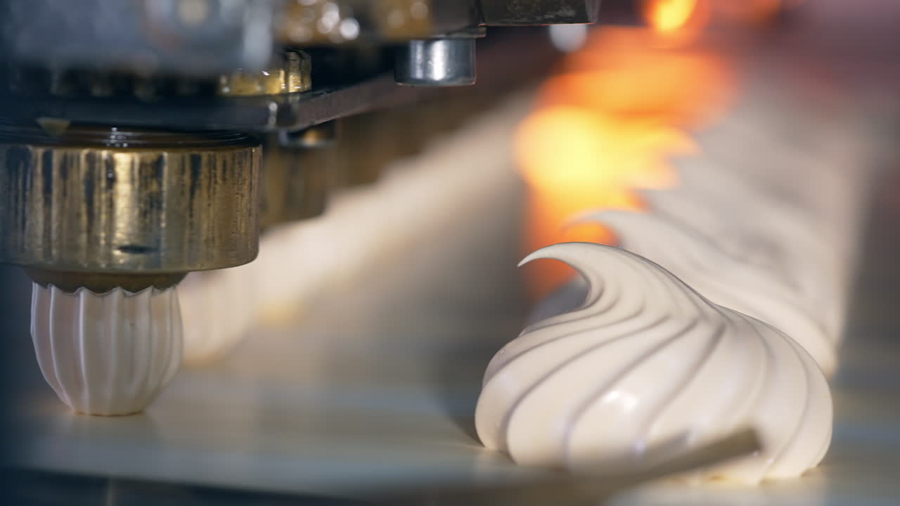 Whipped white vanilla cream comes out off a metal nozzle. Freshly squeezed marshmallows on the conveyor belt. Close up.