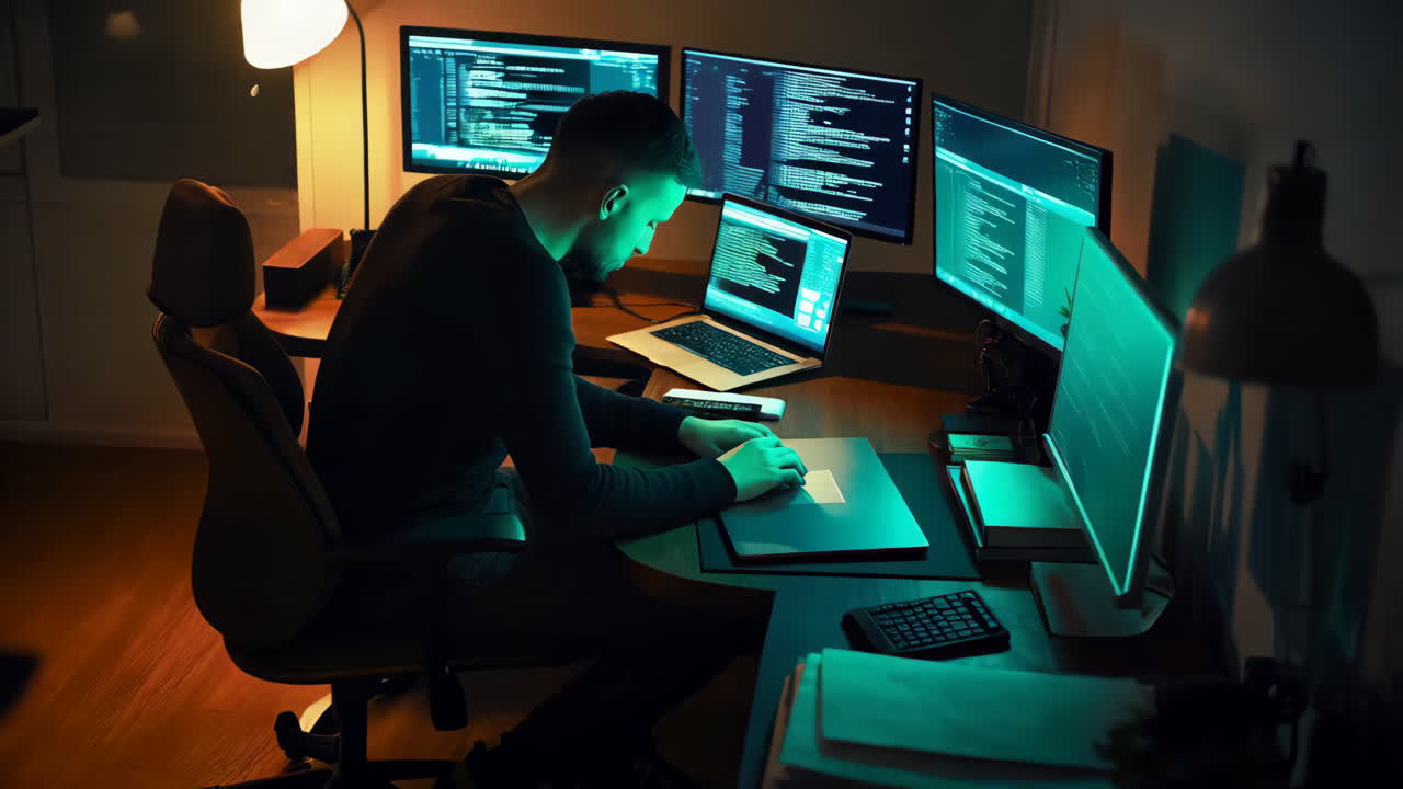 A programmer working late at night with multiple monitors