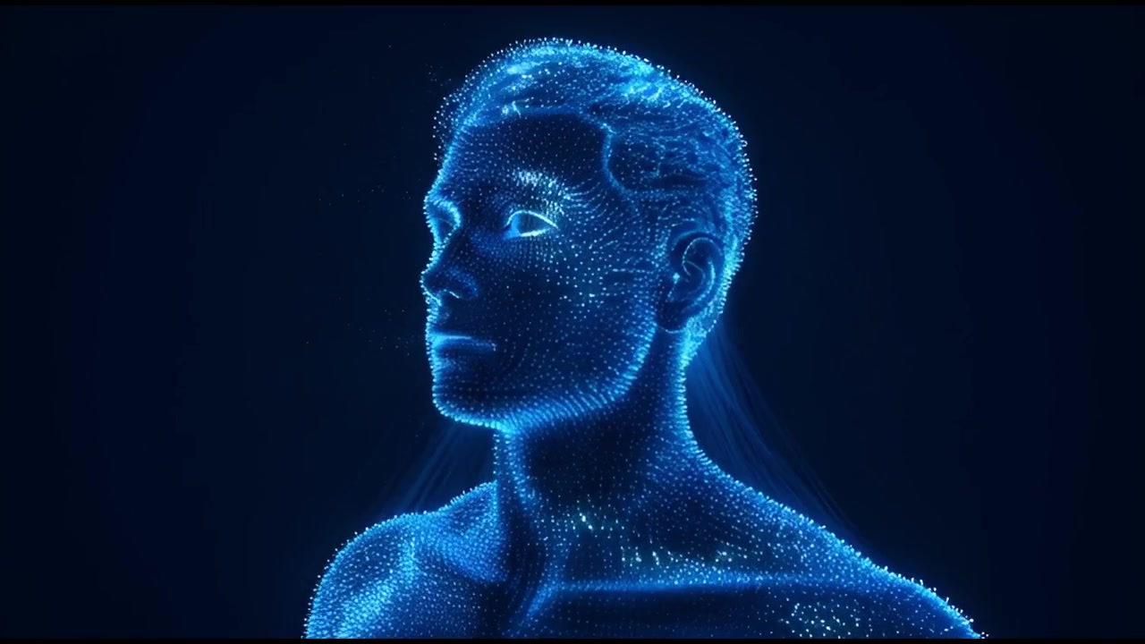 Cabeça Humana Digital Girando com Partículas Azuis Brilhantes
