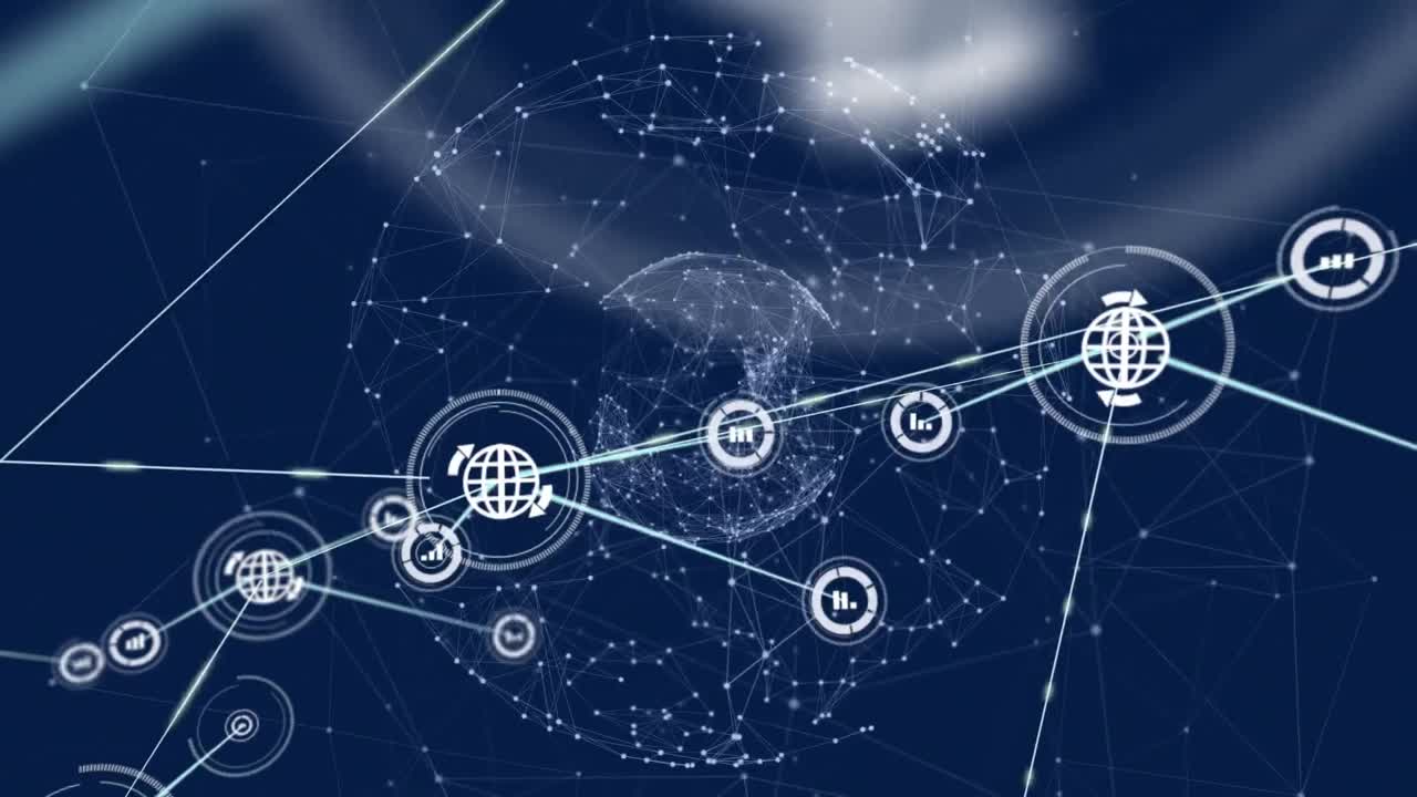 animación de la red de conexiones con iconos en todo el mundo