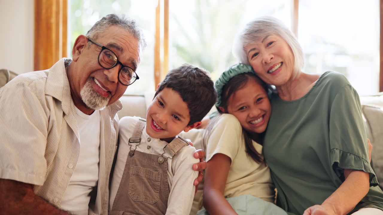 Grandparents, happy and face of children on sofa