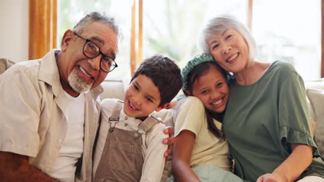 grandparents, happy and face of children on sofa