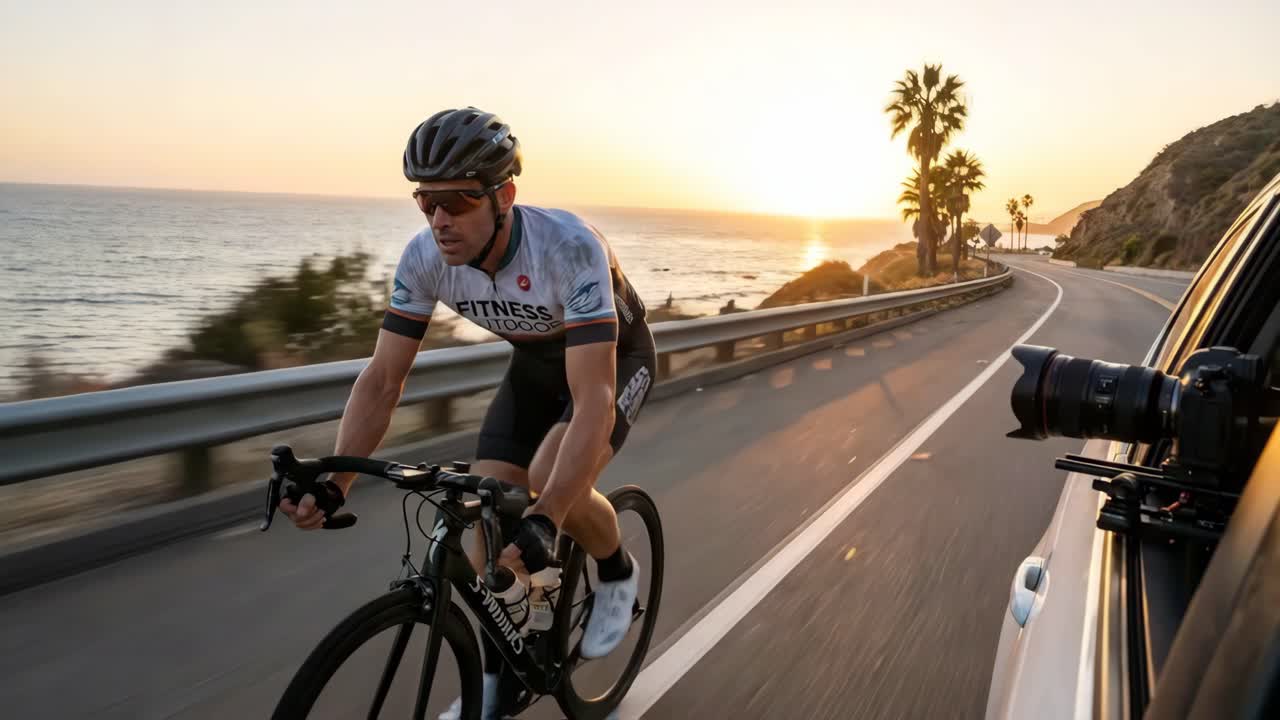 Ciclista su strada costiera al tramonto