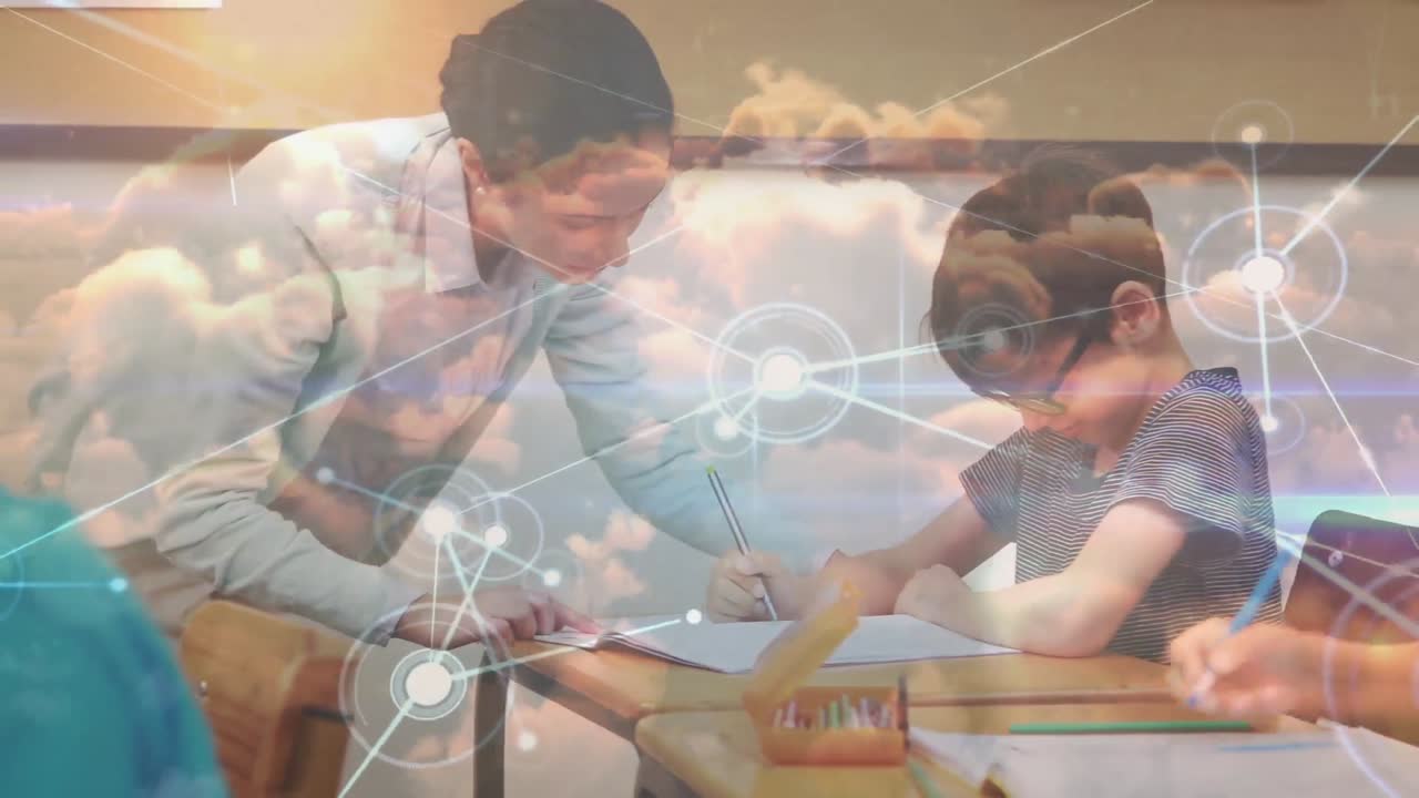 교사와 다양한 학생들의 수업에 대한 연결 네트워크와 클라우드의 애니메이션