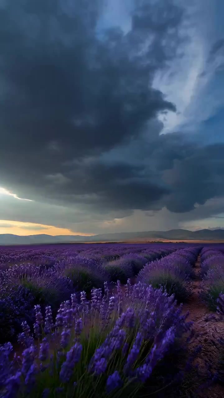 Kraftig vind fejer gennem tætte rækker af blomstrende lavendel, bøjer lilla blomsteraks, tilføjer sløring i forgrunden og leder øjet mod en fjerntliggende bjergryg under mørke stormskyer