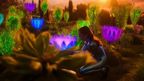 mujer en un traje espacial futurista en un jardín brillante de flores de otro mundo