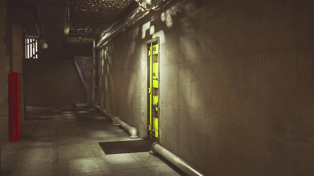 Ambiente de túnel sombrio com sinais de aviso e texturas estruturais.