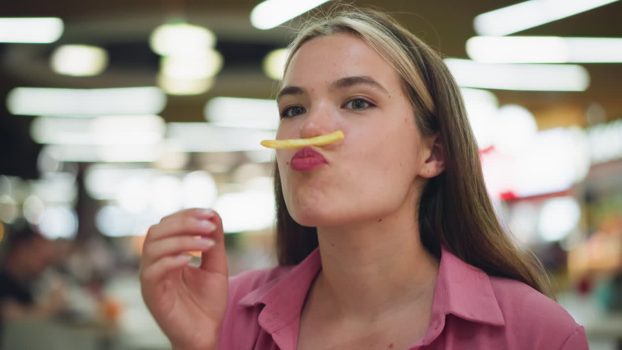 White lady in pink dress seated in restaurant playfully places potato chip on her upper lip like a mustache, then removes it as she smiles, with soft blur light and people in the background