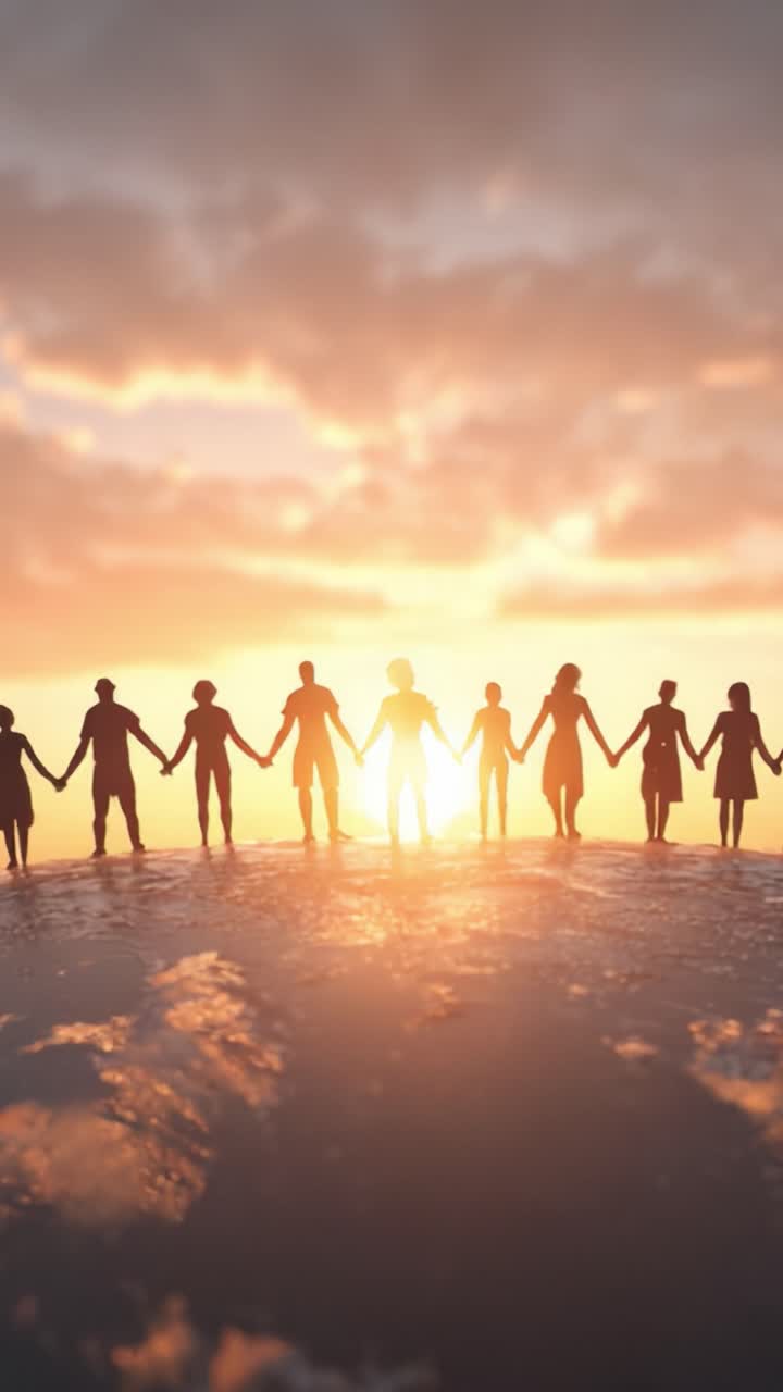 A Group of Silhouetted People Holding Hands at Sunset, Symbolizing Unity, Connection, and Togetherness Against a Beautiful Horizon and Vibrant Sky