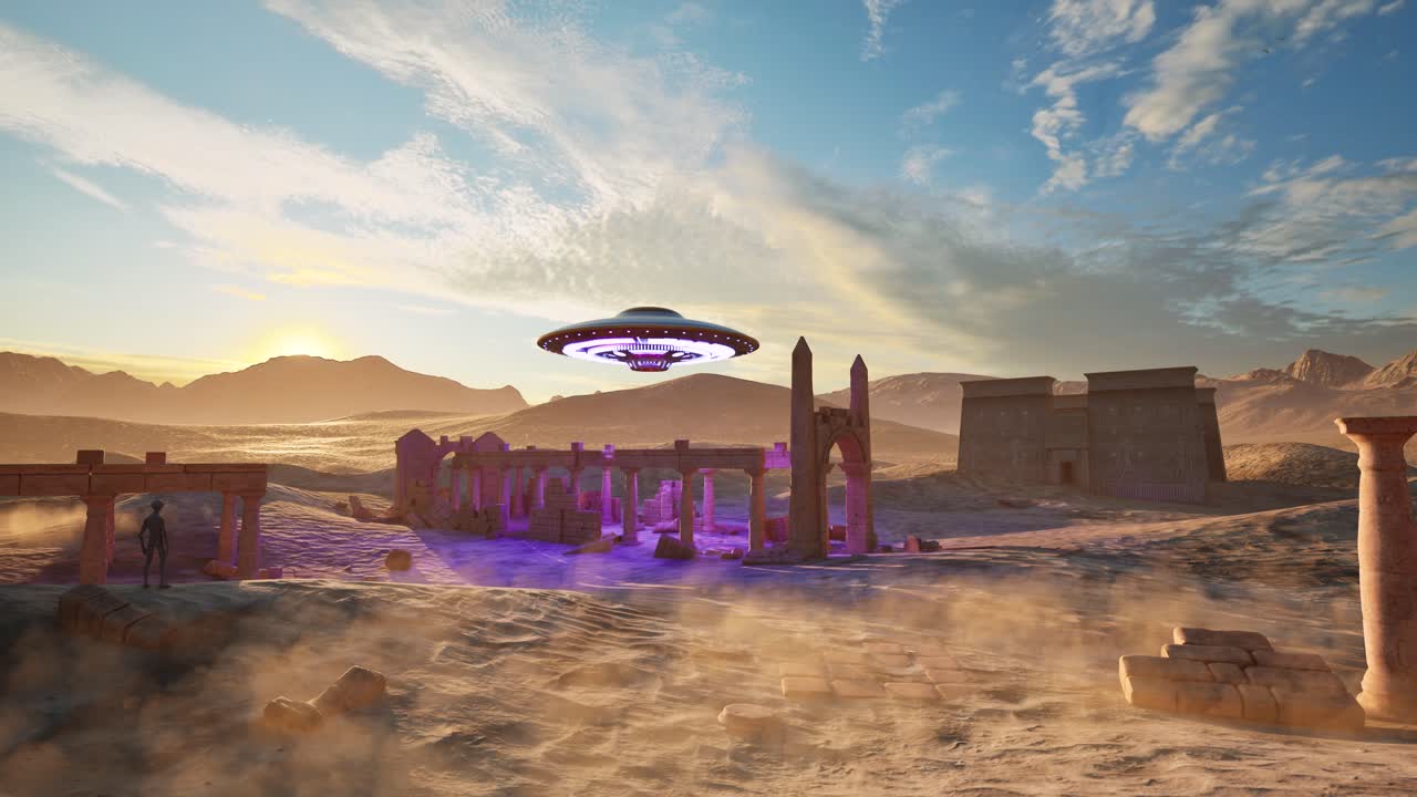 un ovni proyectando luces coloridas, flotando sobre las ruinas de antiguos templos en el desierto al atardecer, con un alienígena de pie ocioso y mirando, animación 3d, paisaje animado, cámara dolly up