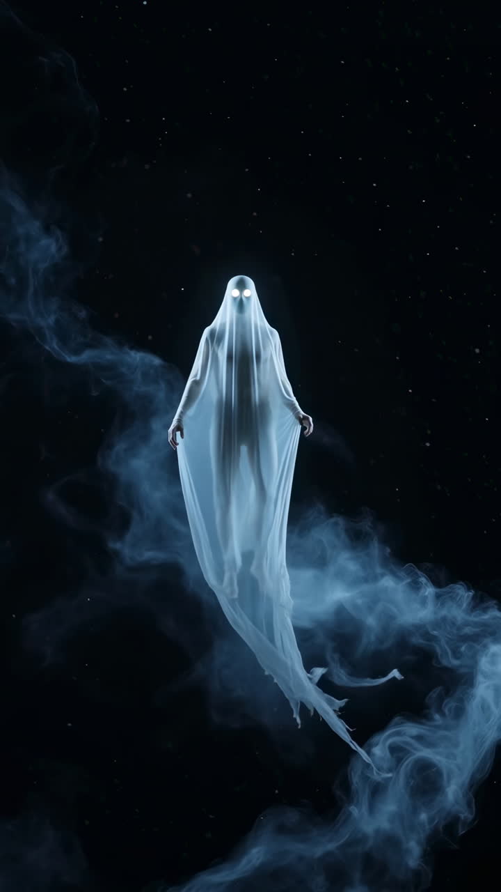 Ethereal Ghost with Glowing Eyes in a Dark, Smoky Void