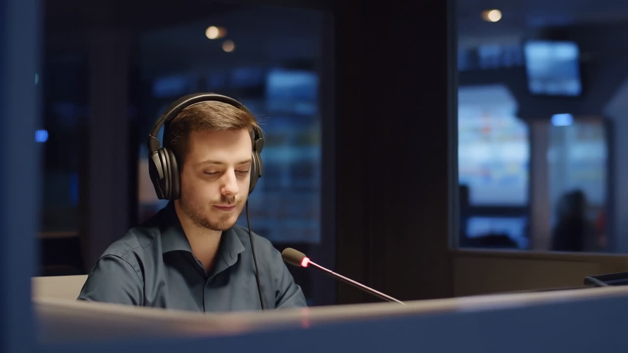 Homem Usando Fones de Ouvido e Falando em um Microfone em um Estúdio de Transmissão
