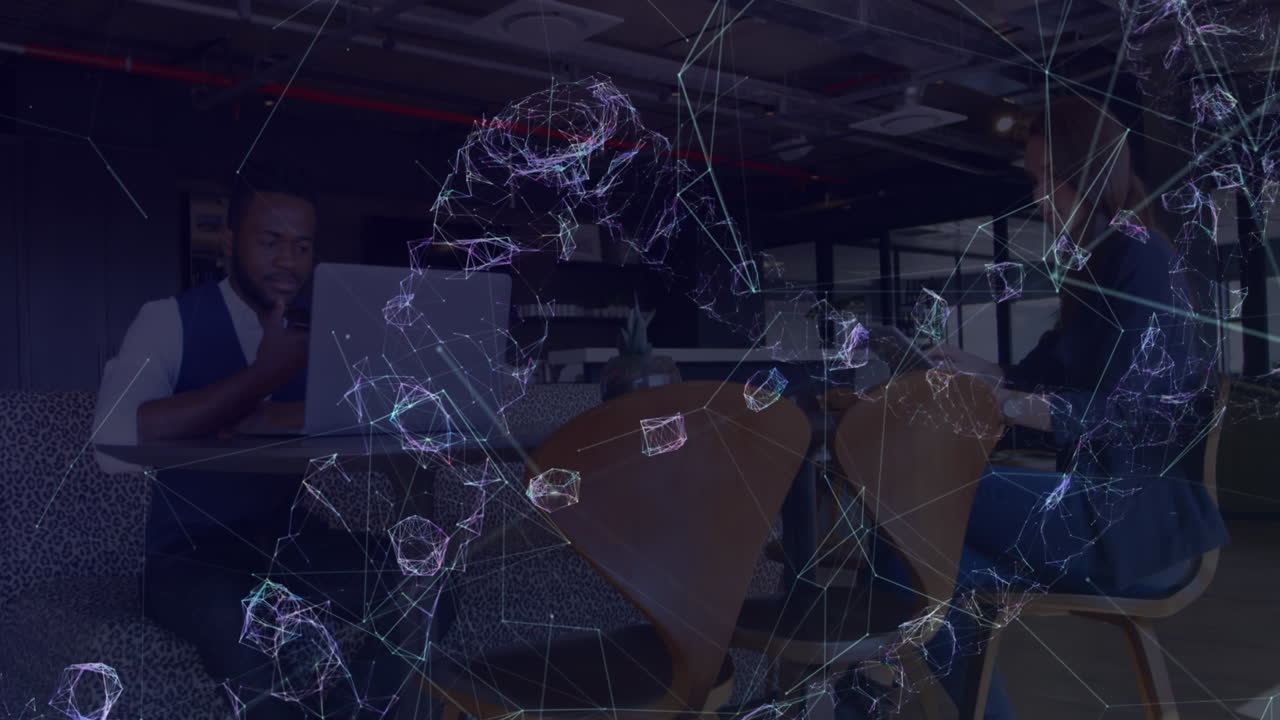 전자 장치를 사용하는 사람들에 대한 연결 네트워크와 dna 구조의 애니메이션