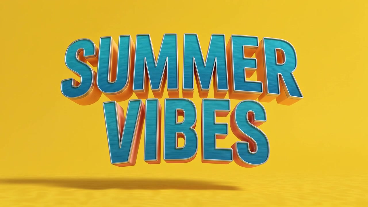 Vibras de Verano: animación de tipografía tropical con letras 3D azules sobre fondo amarillo brillante