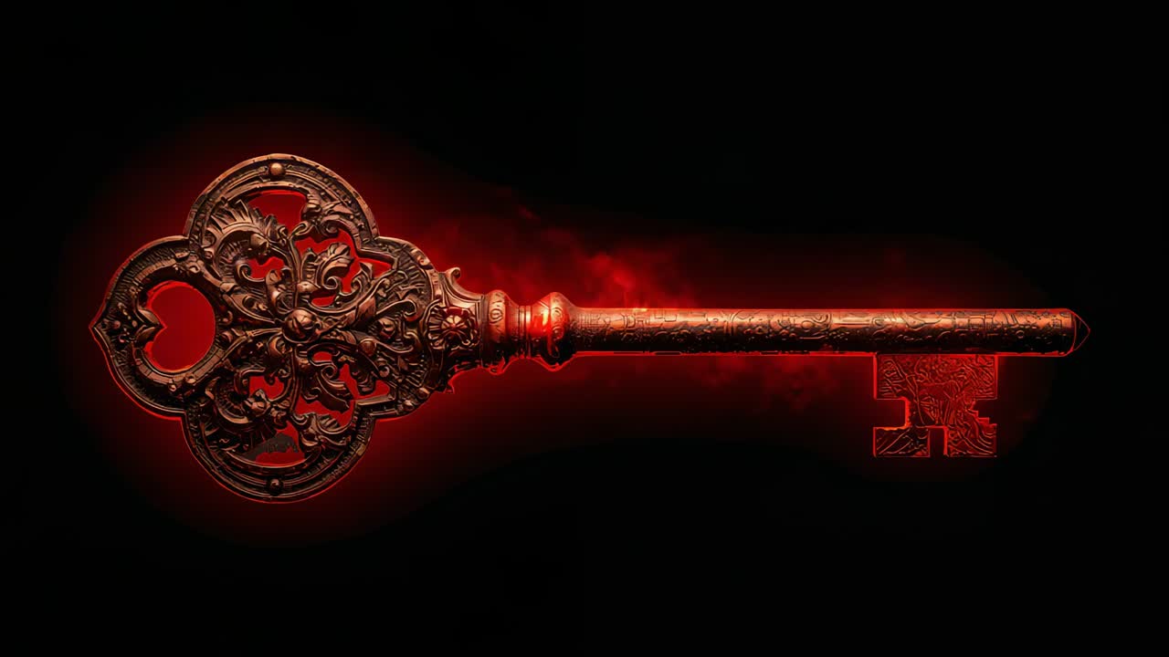 A partire da una luce rossa, chiave decorata luminosa, tracciando un bordo al neon lungo la testa in filigrana su sfondo nero