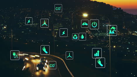 animation of network of eco icons over cityscape