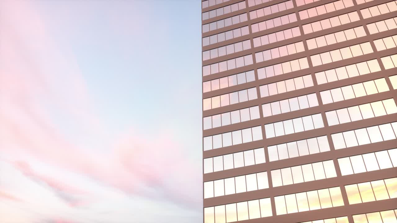 오피스 빌딩 창문과 고층 건물의 공중 전망 아름다운 추상적인 고층 건물 정면은 하늘 반사와 함께 원활한 루프를 움직입니다.