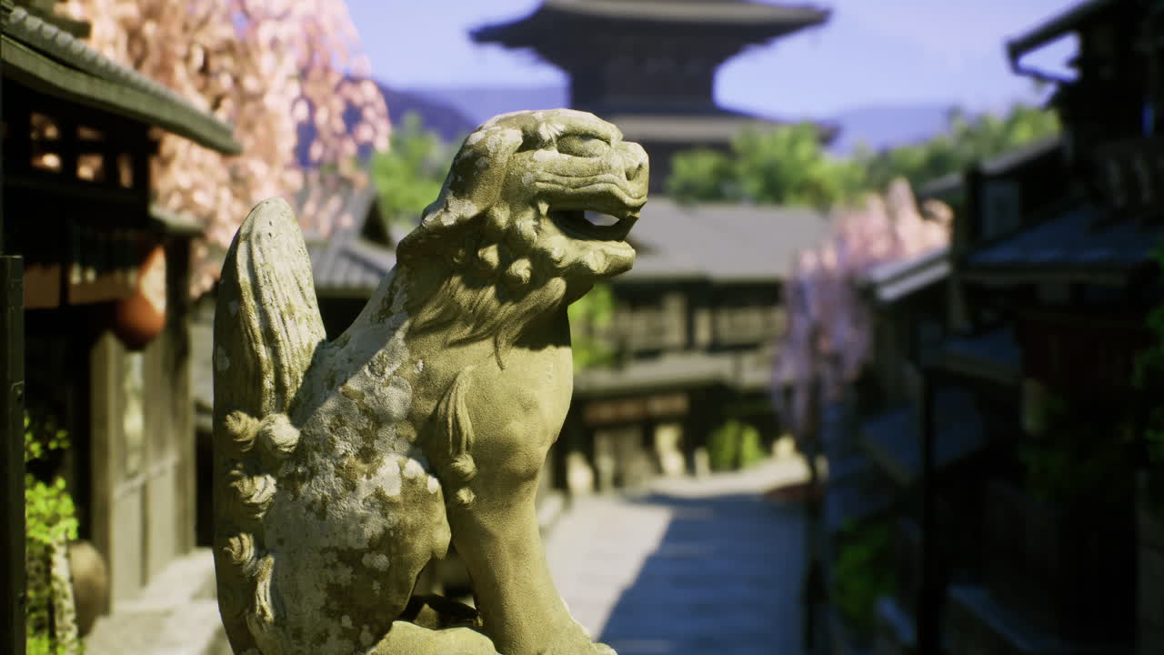 Ancient guardian statue overlooking a serene traditional japanese street