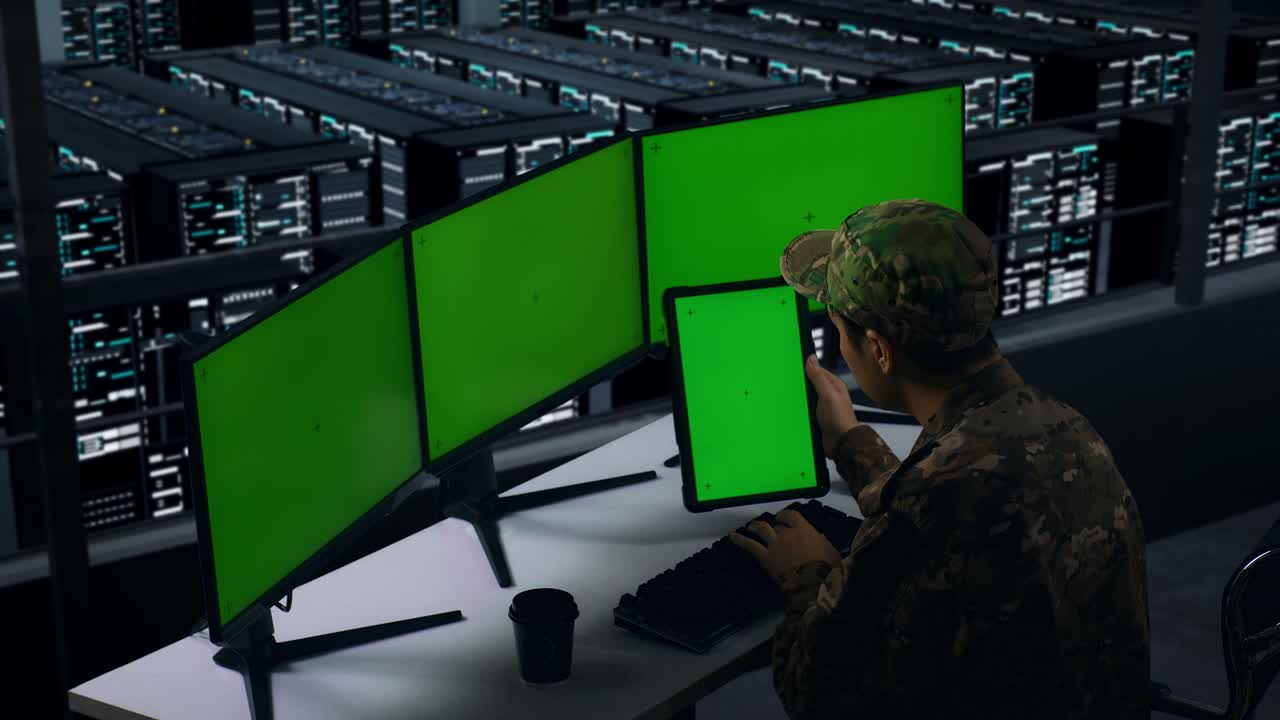 vista lateral de militares asiáticos trabajando con tableta y múltiples monitores de computadora con pantalla verde simulada en el centro de datos