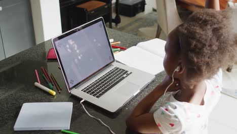 video of african american girl using laptop with copy space