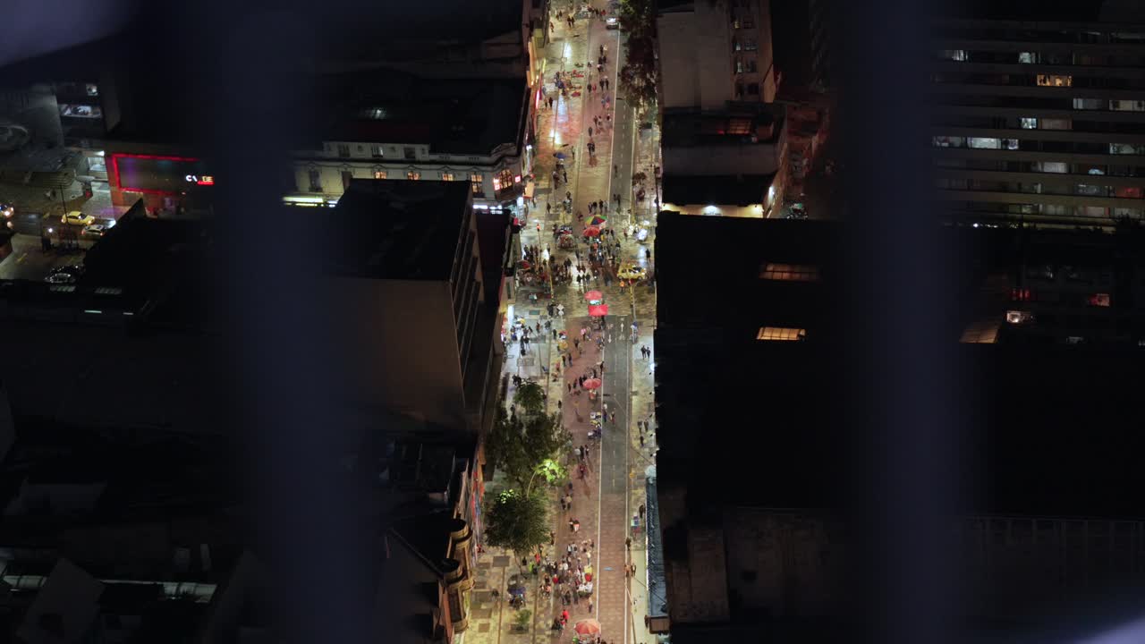 Major walking street in Bogota COlombia at night, viewpoint busy crowded with people