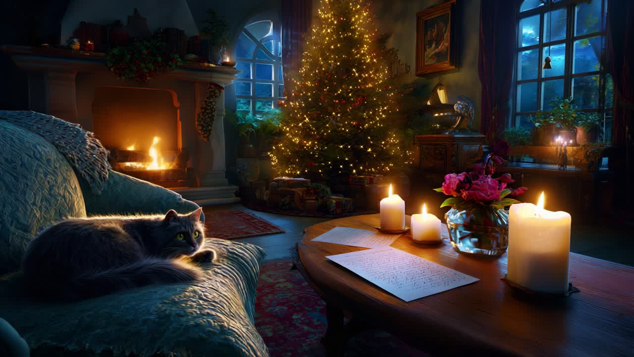 A Cozy Christmas Scene Featuring a Relaxing Cat by a Glowing Fireplace with a Stunningly Decorated Tree, Glimmering Candles, Festive Flowers, and the Warmth of Holiday Cheer