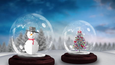 animación digital de la nieve cayendo sobre el muñeco de nieve y el árbol de navidad en el globo de nieves