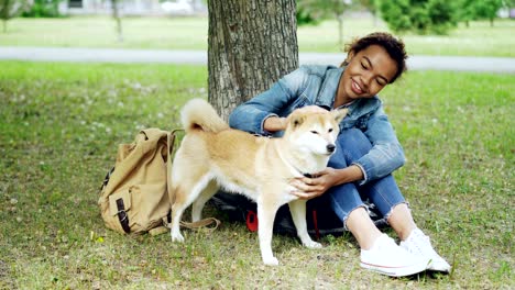 pretty mixed race woman is fussing her pet dog resting on the grass in the park on warm summer day. beautiful green lawn, old trees and backpack are visible.