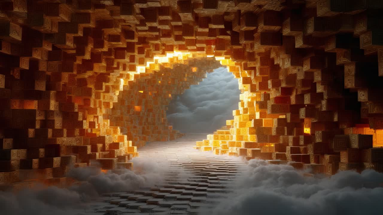 A Surreal Journey Through a Stunning Golden Tunnel: An Enigmatic Passageway Amidst Clouds and Illuminated Cubes, Evoking a Dreamlike Atmosphere in a Captivating Visual Landscape