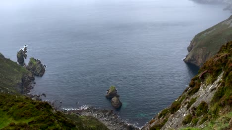 Toma-De-Arriba-Hacia-Abajo-De-Idílicos-Acantilados-Verdes-Escarpados-En-Irlanda-Durante-El-Día-De-Niebla-Y-Lluvia---Toma-Panorámica-Del-Océano-Atlántico-Azul-Tranquilo-Y-La-Costa---4k