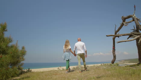 couple holding hands and walking at seaside