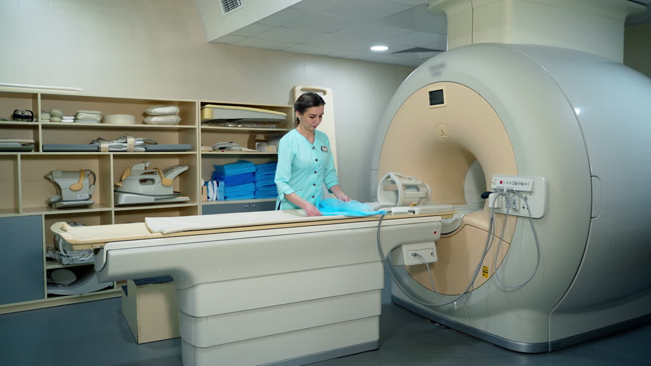 MRI machine device in hospital. Magnetic resonance imaging scan device in hospital