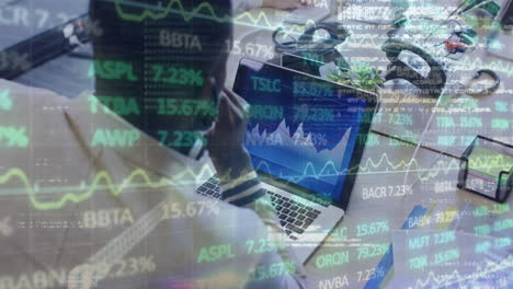 animación del procesamiento de datos financieros sobre un hombre de negocios con máscara facial usando una computadora portátil en la oficina