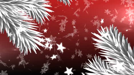 Animation-Von-Weihnachtstannenbaum-Und-Schnee,-Der-Auf-Roten-Hintergrund-Fällt