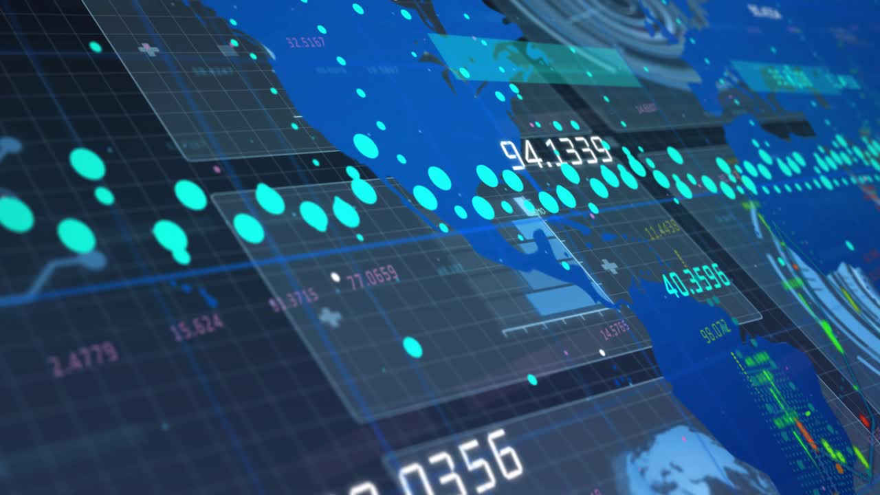Grid panel appearing, HUD map sweeping, teal markers moving, numbers updating, showing trends