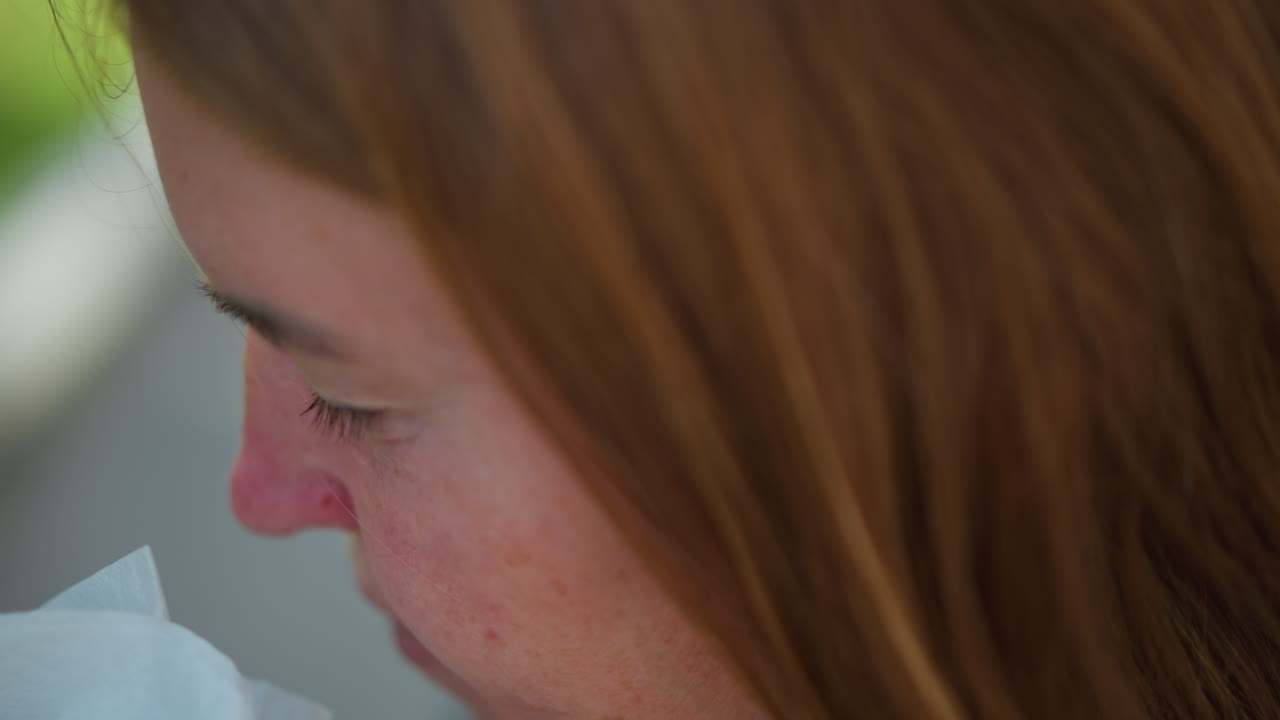 Close up of crying student wiping tears with wipes against soft blurred background, emotional young woman showing quiet sadness, red nose and teary eyes captured in tender light