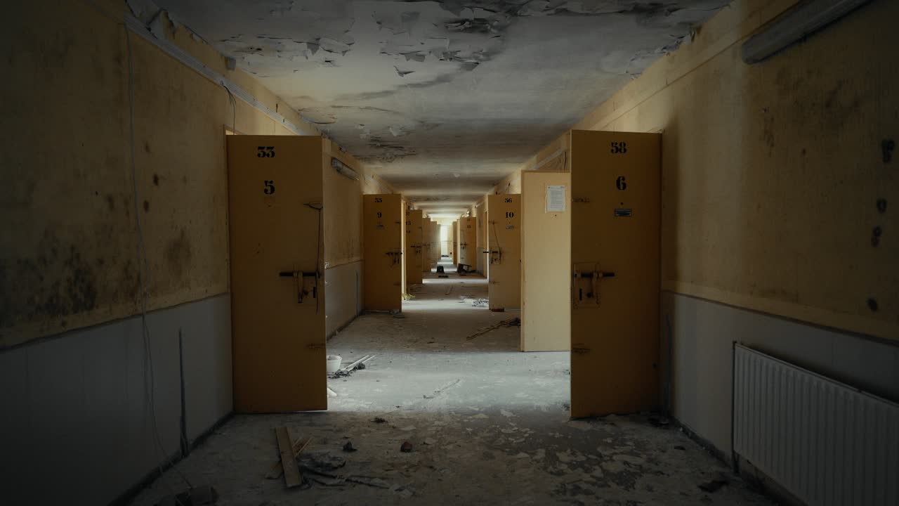 Corredor abandonado escuro e sinistro em um edifício em ruínas