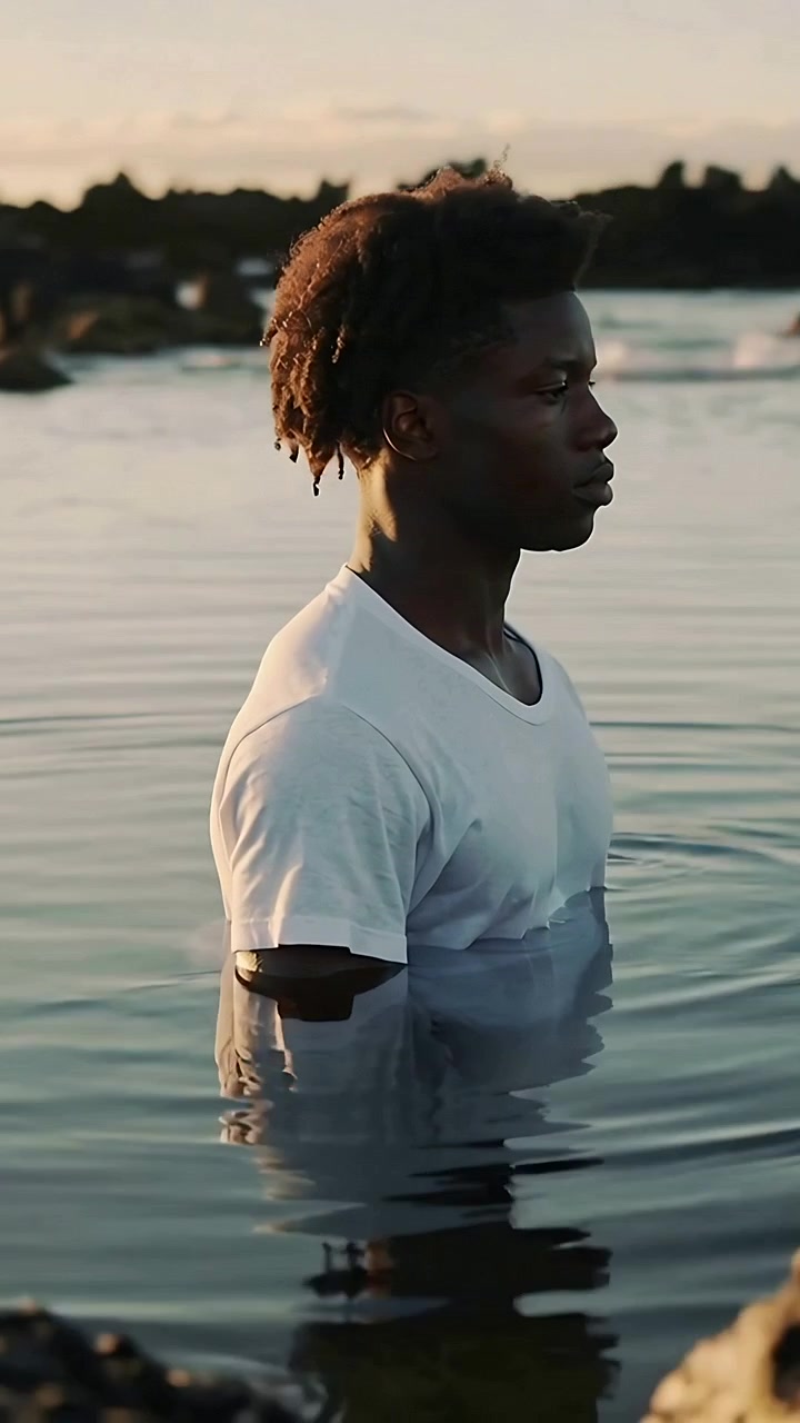 Vertical video: Standing man breathing, turning toward camera in rocky coastal water, wet white tee
