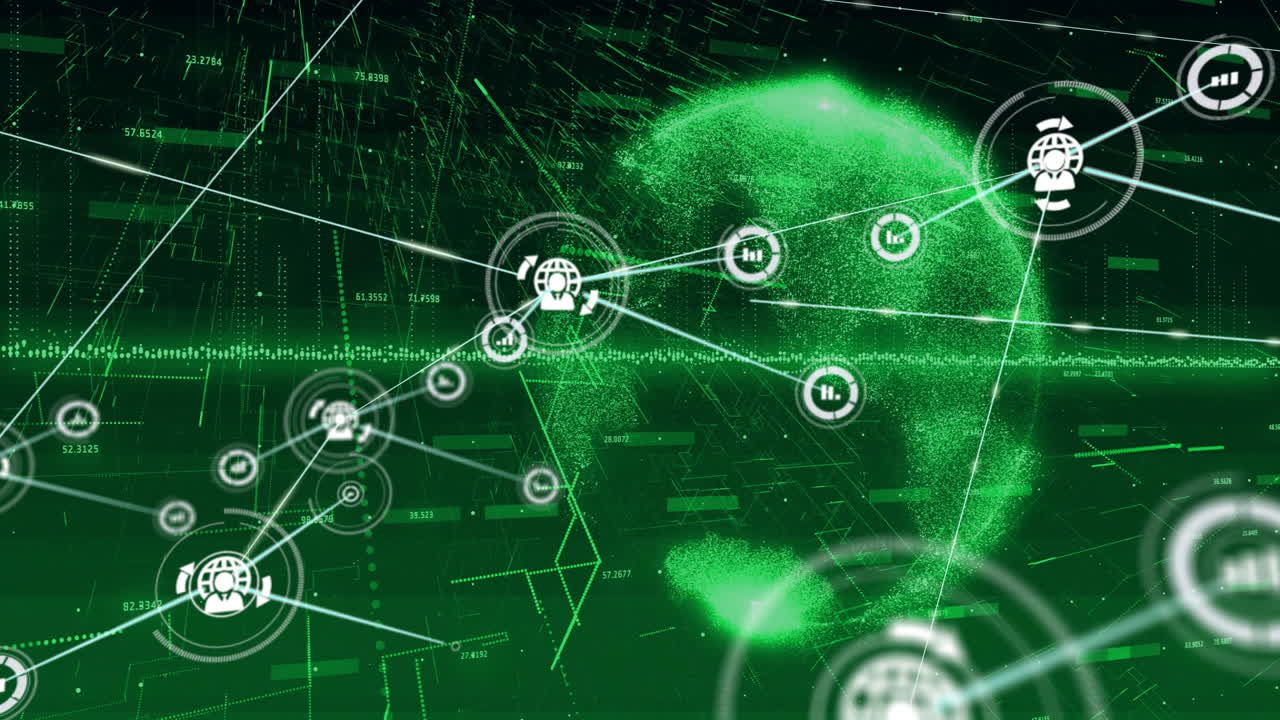 Network of connections and data processing animation over digital green globe